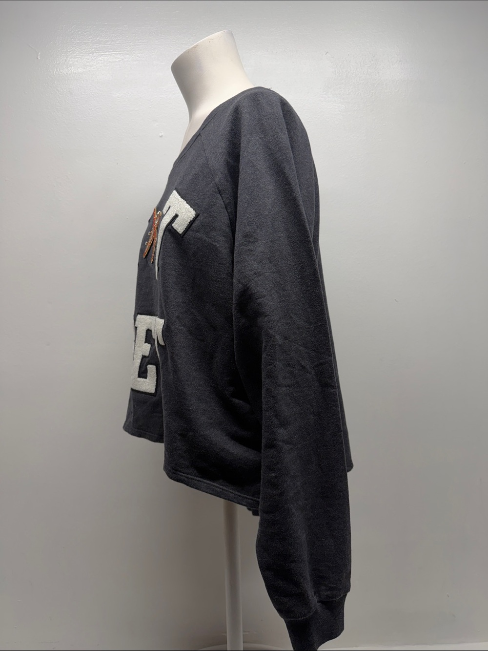 Judith March Jet Set Sweatshirt Pullover Cropped Cotton Rhinestone Gray Medium - Picture 5 of 8